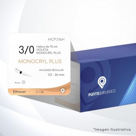 MCP316H 3/0 Aguja 1/2 - 26 mm  AHUSADA REGULAR  SR-26 Hebra de 70 cm Tejidos cicatrizan Medianamente C/12
