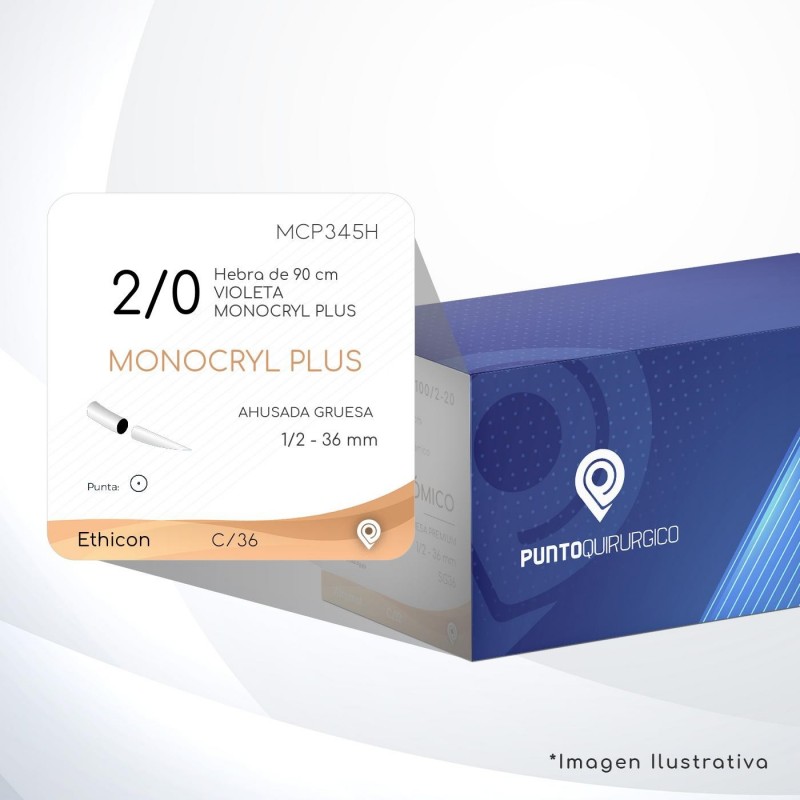 MCP345H 2/0 Aguja 1/2 - 36 mm  AHUSADA GRUESA  SG-36 Hebra de 90 cm Tejidos cicatrizan Medianamente C/12